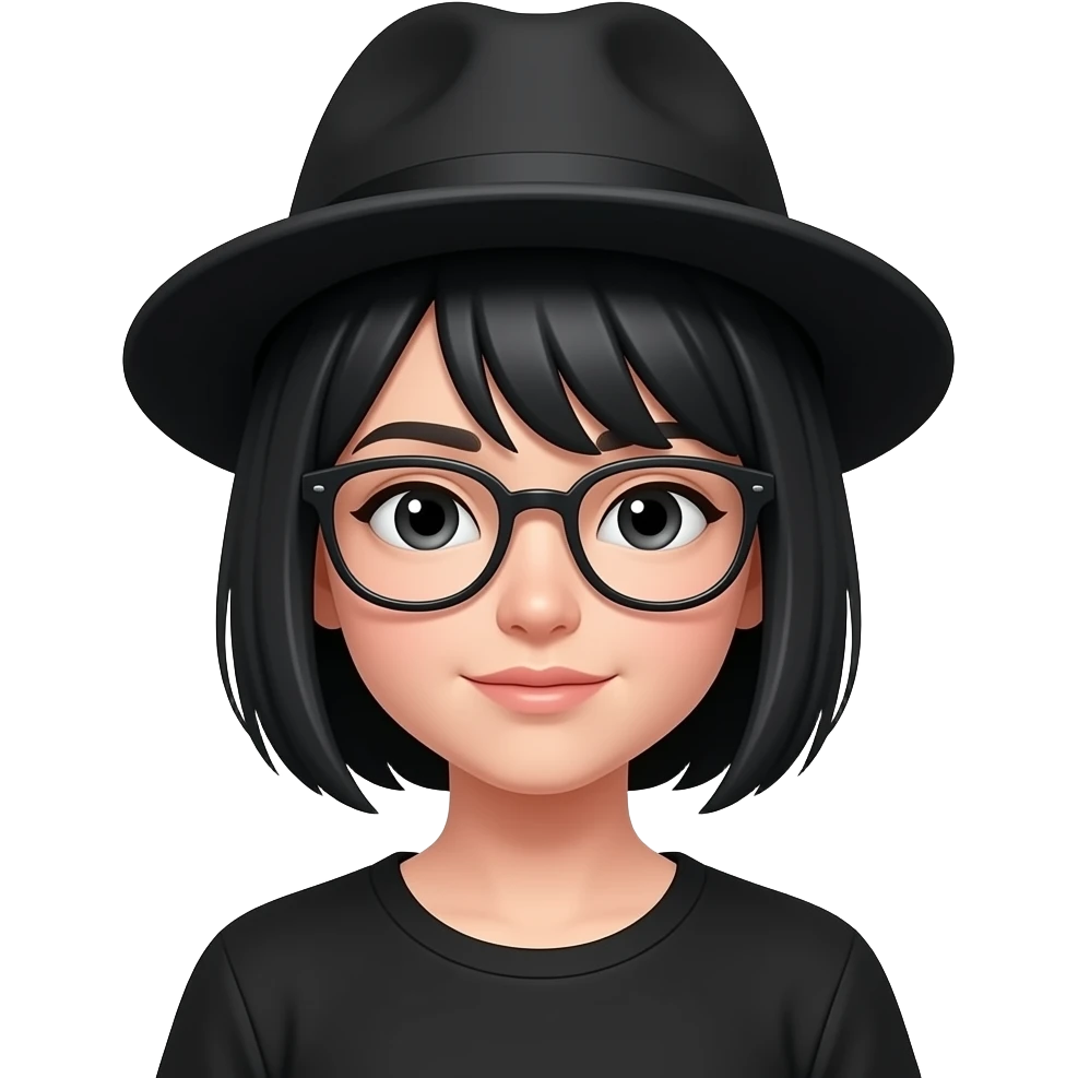 a calm, short black hair girl with black clothes, wearing glasses and hat emoji