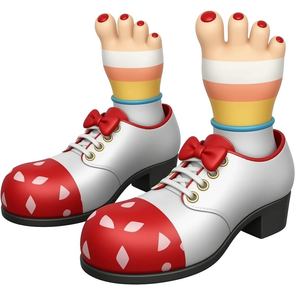 White toes with red toenails stick out of the tip of clown shoes emoji