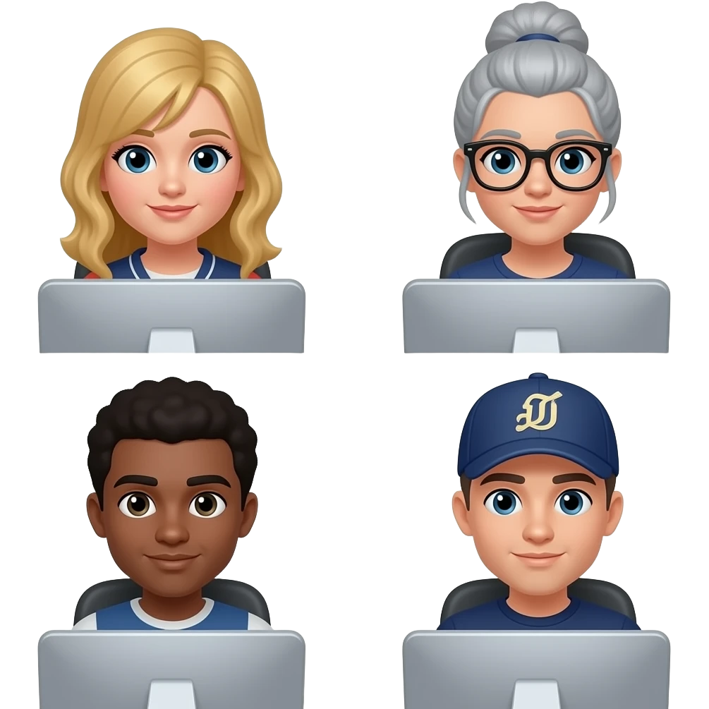 virtual meetings with computers amongst 4 teammates: 2 girls (1 blonde, 1 ash gray with updo and black-framed glasses), 2 guys (dark hair, 1 with ballcap) emoji