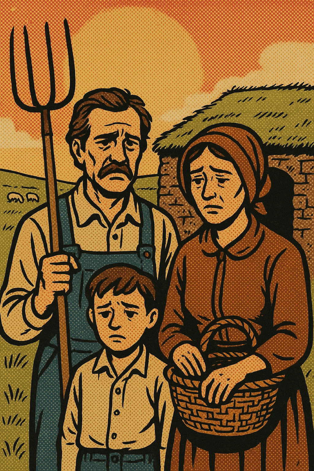 A sad homestead farming family from the 1860s standing in front of their sod house on the Great Plains. The father is holding a pitch fork and the mother is carrying an empty basket. The land in the background is grassland with a few grazing sheep emoji