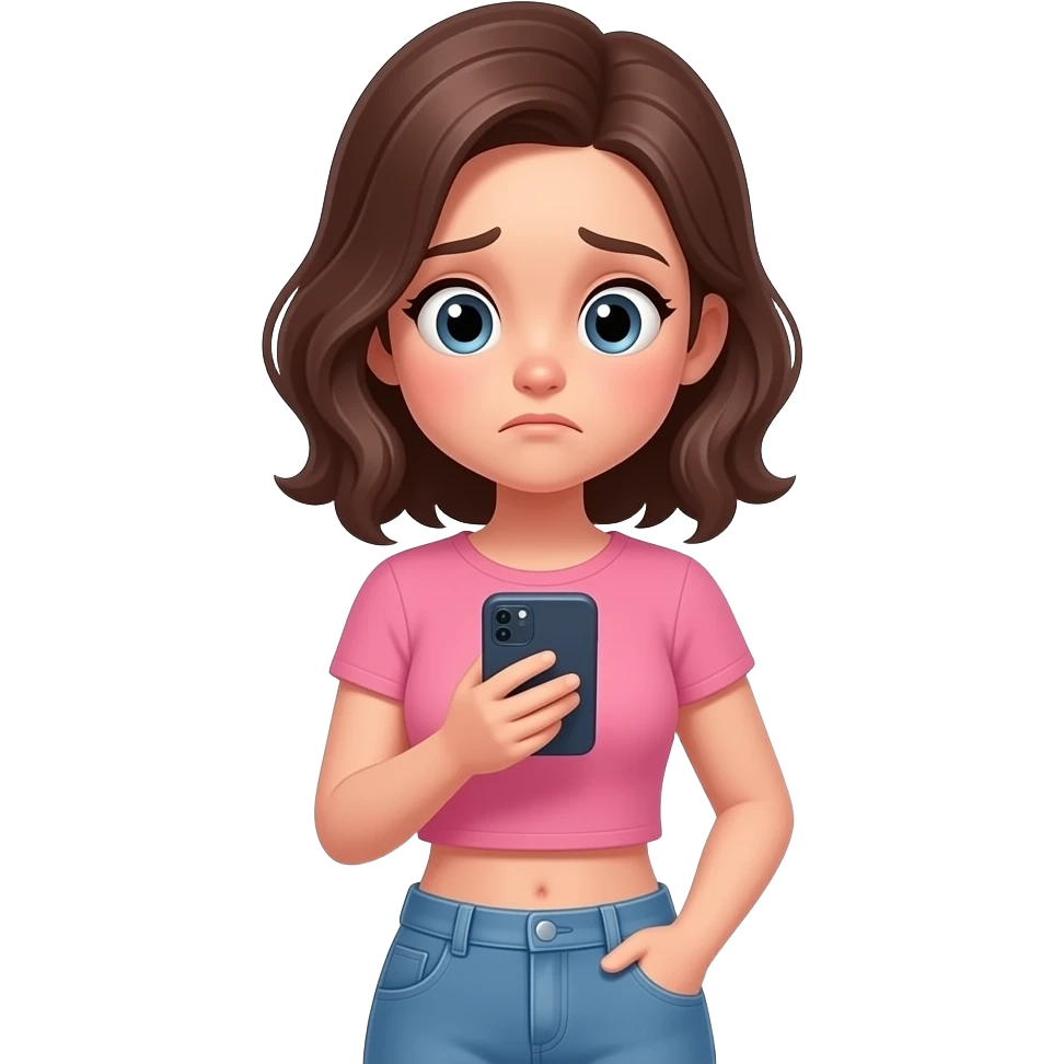 una chica viendo a una influencer  en su celular con un buen cuerpo  ,la chica esta triste , a su  alrededor hay app como  tiktok ,instagram y x emoji