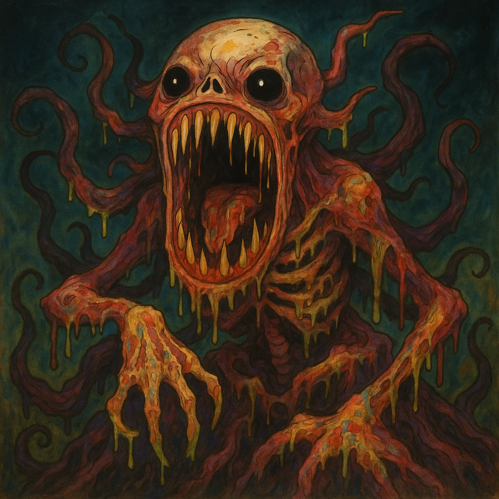 Make this eldritch horror even more disturbing: exaggerate the gaping maw, add more writhing limbs, exposed bone, oozing flesh, and a sense of ancient evil. Horror style, terrifying and grotesque. emoji