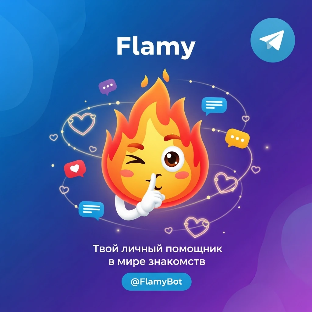у меня в телеграме есть бот для знакомств Flamy. Иконку бота прикрепил. мне нужно рекламное изображение для постов в тг emoji