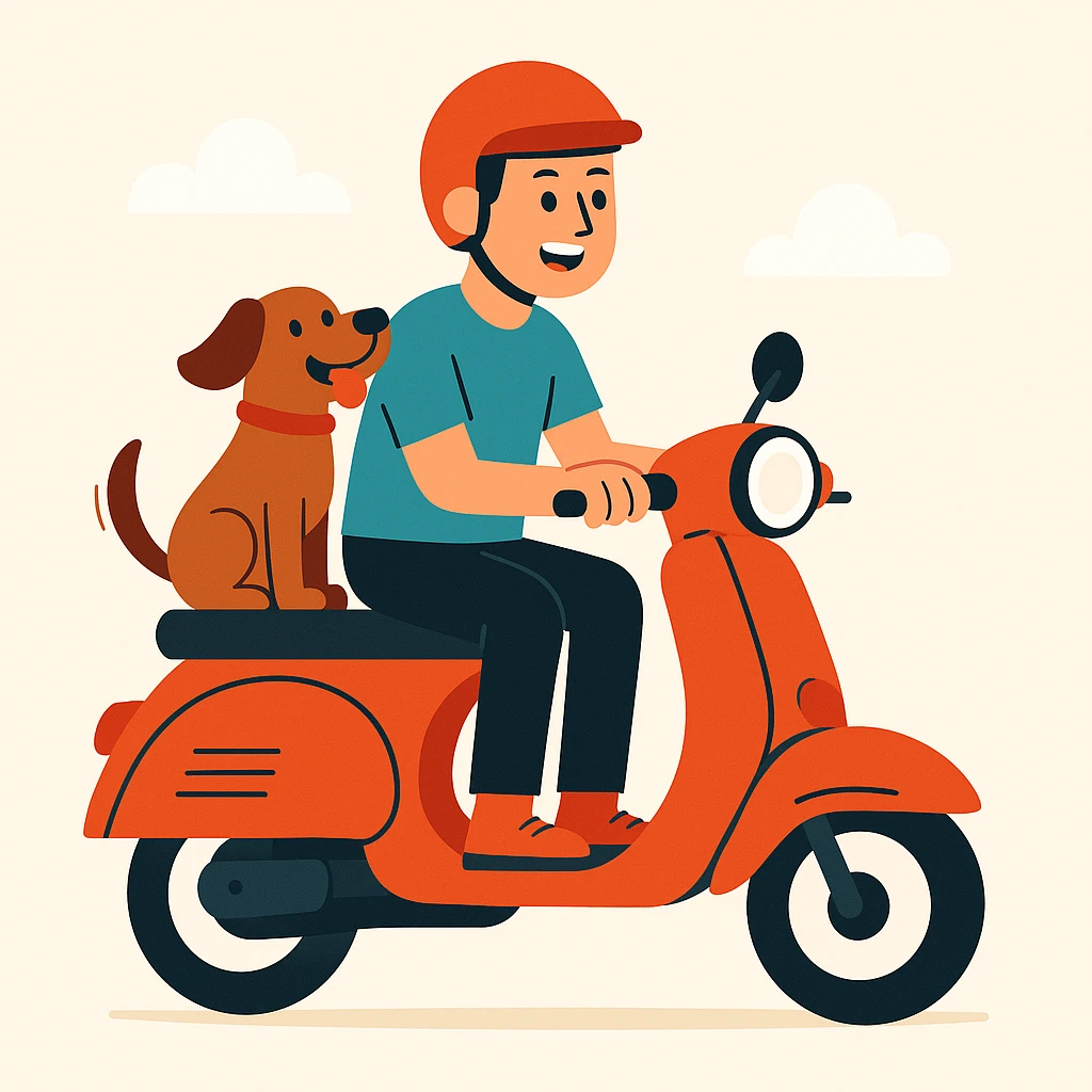 vector art of a man and his pet dog riding a vespa, for website design  emoji