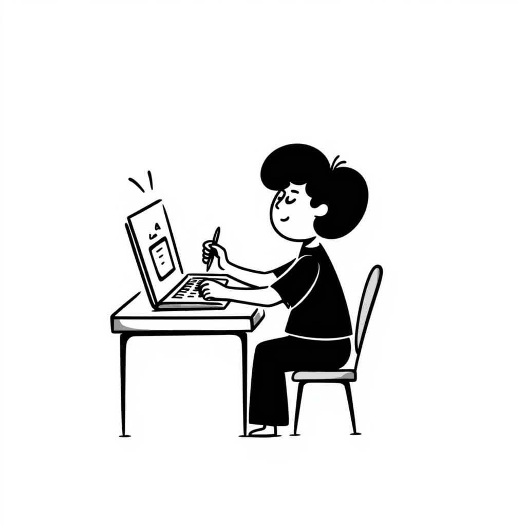 stick figure working on designs, drawing or using a laptop, hand drawn doodle style emoji