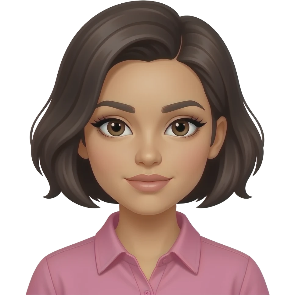 Latina girl with volumized short dark brown hair swept In a side part, intense eyeliner and lashes, and pink shirt emoji