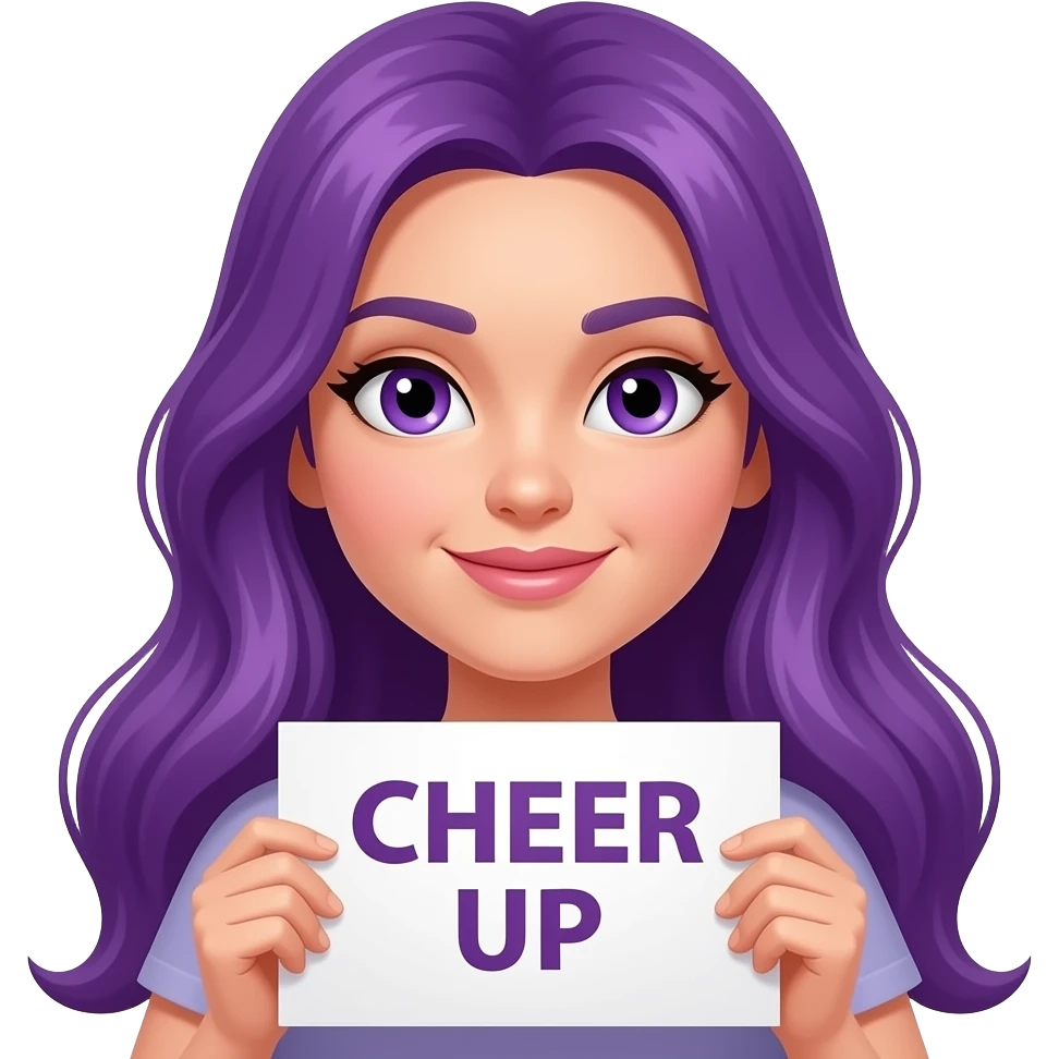 sexy girl with long purple hair and purple eyes holding CHEER UP sign emoji