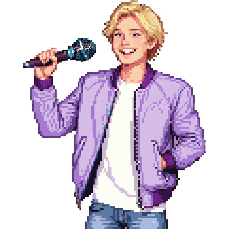 Pixel art style, expressive male performer, Caucasian features, short sandy blonde hair, lively eyes, wide cheerful smile, wearing a violet jacket over white tee, tossing a microphone in one hand, waist-up, front-facing emoji