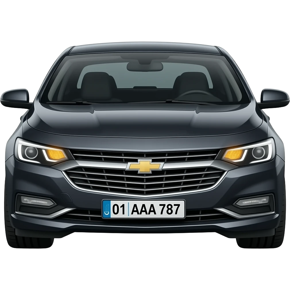 A realistic icon emoji of a metallic black sedan Chevrolet Malibu 2.0L Turbo Premier, dark charcoal tint windows, black alloy 5-spoke rims, Dynamic amber glow LED headlights with sharp laser-beam effect, uzbekistan region number texts "01 | AAA 787" uzb flag in plate emoji