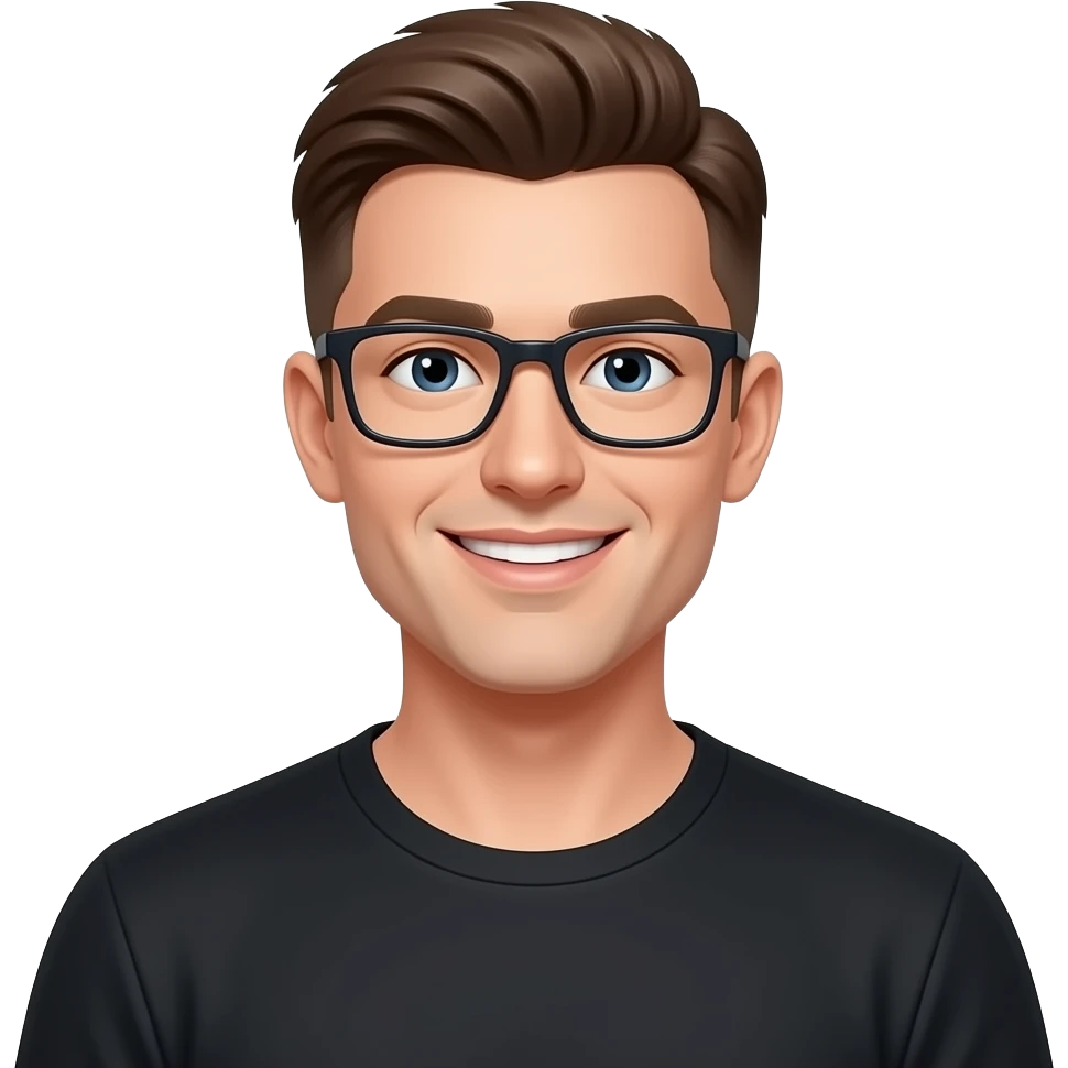 skinny man, with rectangle glasses, white skin, with very modern all top flat short in the sides hairstyle, nice smile, wearing blacktshirt emoji