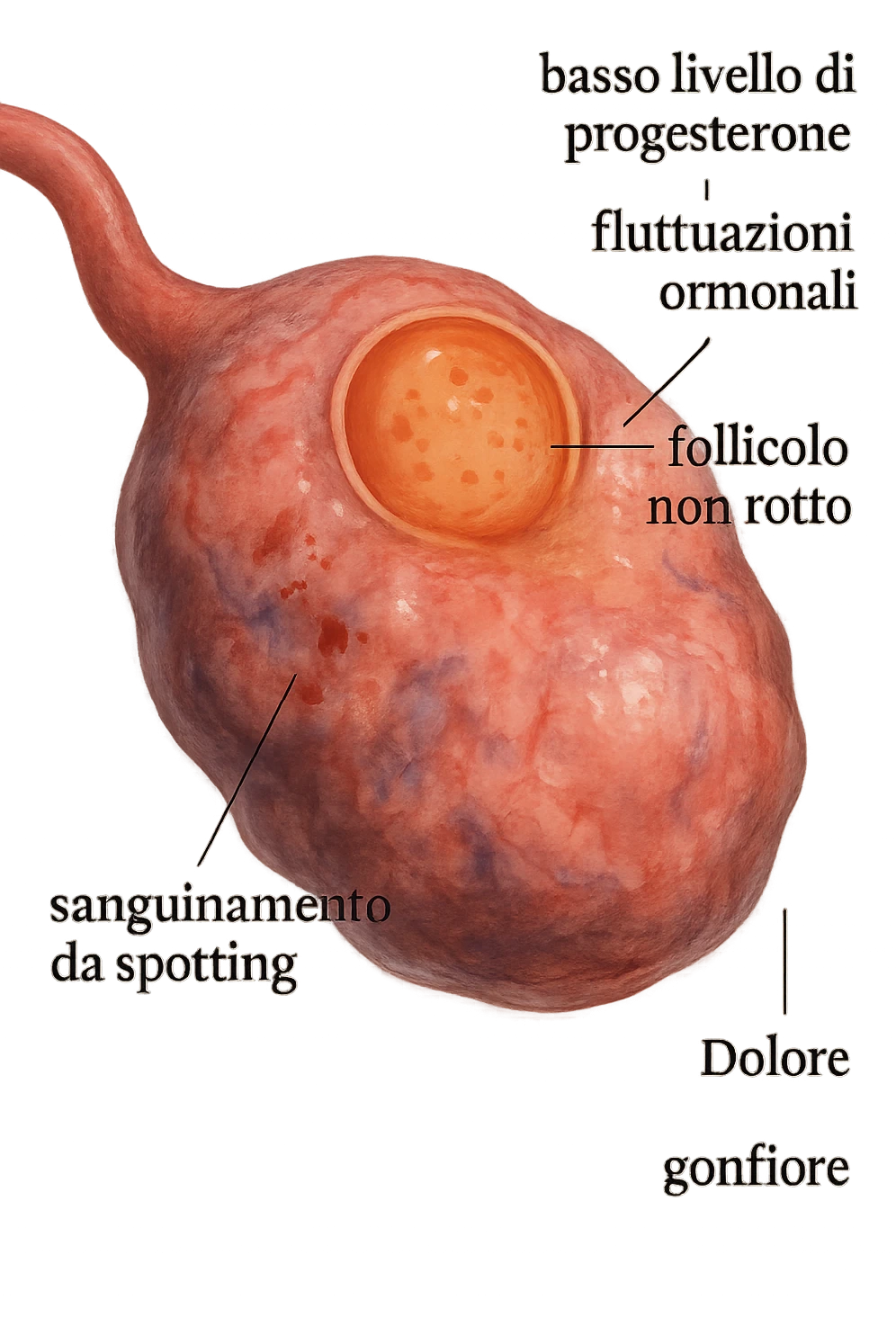 realistic and cinematic illustration of an ovary with an unruptured follicle, low progesterone, hormonal fluctuations, symptoms of spotting, pain and swelling, clinical details, captions in Italian emoji