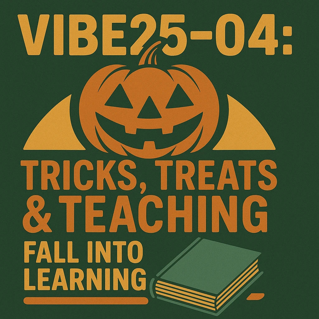 Create a logo that uses both of these images.  Words should read "VIBE25-4: Tricks, Treats & Teaching, Fall into Learning" emoji