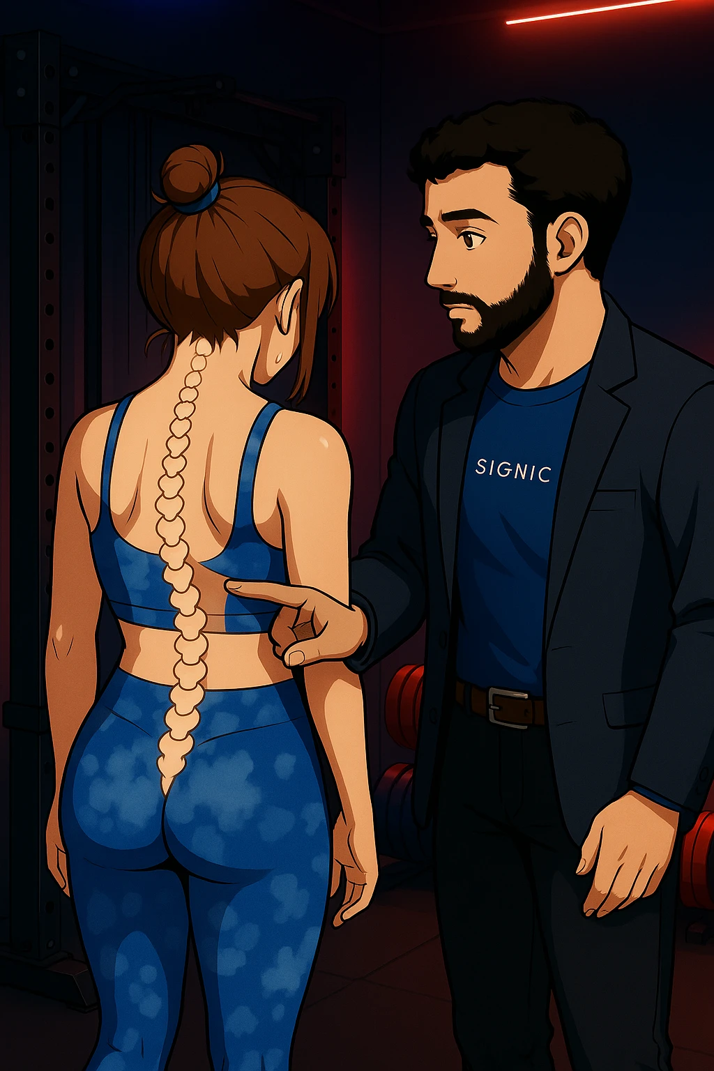 ispirati a questo stile di disegno e fai questa immagine in versione manga/webtoon a colori, il manga mostra la donna di spalle, mentre l'uomo le tocca la spina dorsale per spiegarle come funziona la scoliosi:
Con una scoliosi il baricentro corporeo cade maggiormente da un lato; per non cadere la schiena compensa accumulando tensione sul fianco opposto.
Il risultato? Si inclina e ruota sempre più, fino a che non cede (discopatie, artrosi, ecc) emoji