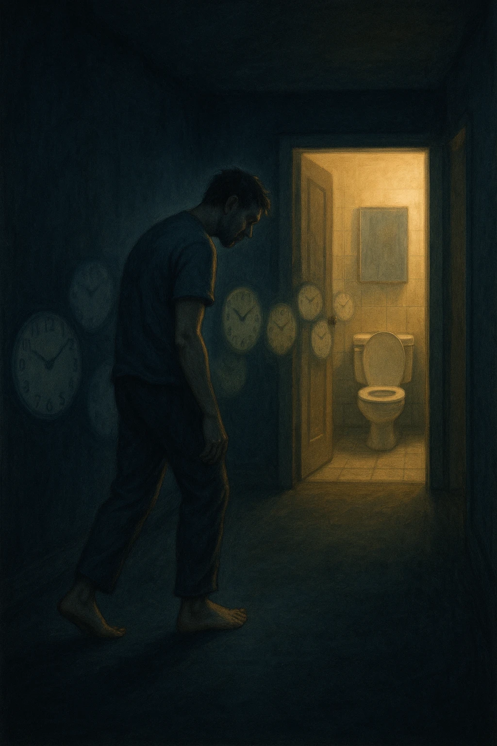 In una scena notturna onirica, un uomo cammina a piedi nudi in un corridoio buio verso un bagno illuminato, ripetutamente. Dietro di lui, come in una scia, ci sono orologi sfocati che simboleggiano il sonno interrotto. Ogni passo è lento, stanco, come se il corpo chiedesse riposo ma la vescica non lo permettesse. emoji