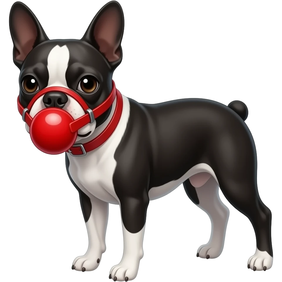 Boston terrier wearing red ball gag emoji