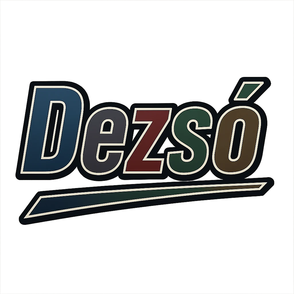 Dezső name in masculine, modern gradient font with dark contour, thin and clearly visible white border around letters, dynamic slanted underline, masculine color shades (blue, gray, burgundy, green, brown), 1000x1000 px, PNG, transparent background, in the style of the uploaded Attila sample. emoji