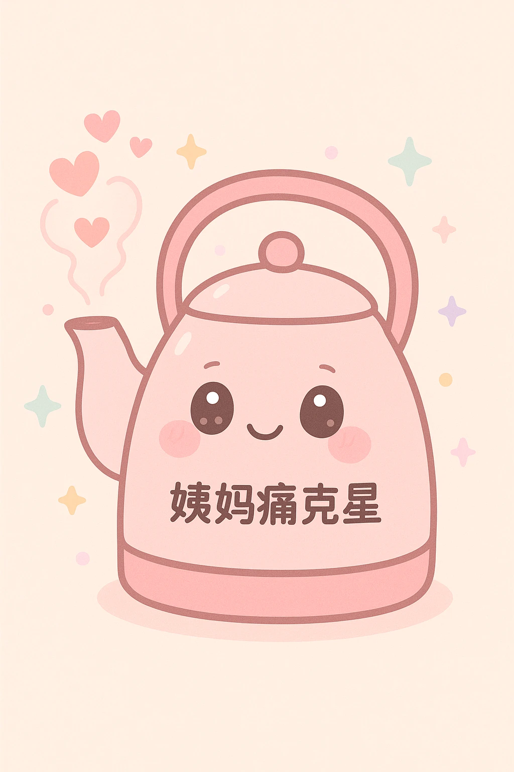 cute pink kettle with '姨妈痛克星' written, steam and little hearts coming out, surrounded by soft glow, expressing warmth and VIP care for period pain relief emoji