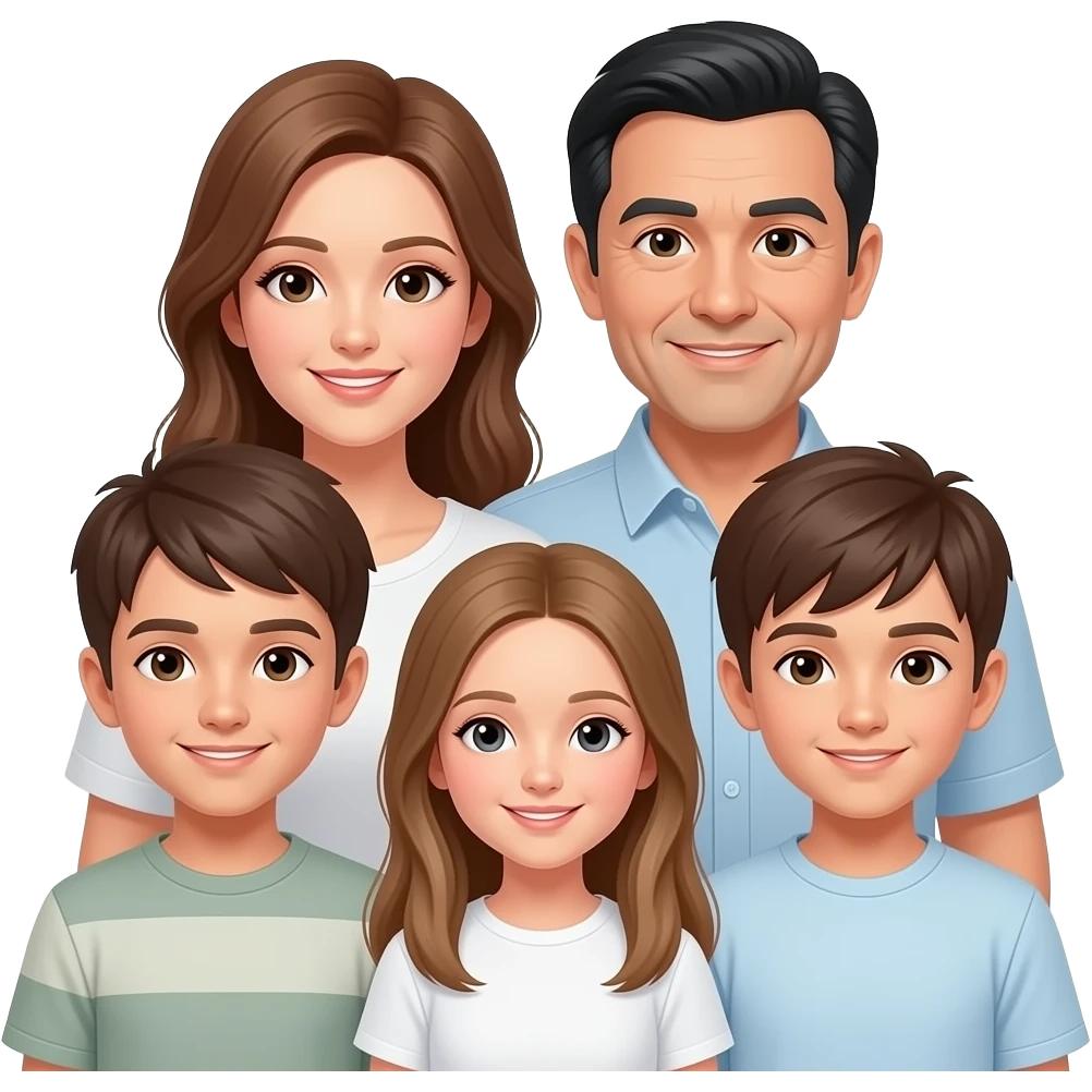 6 person white family: mother with light brown hair, older father with black hair, 3 older boys with brown hair, one younger girl with long light brown hair, emoji