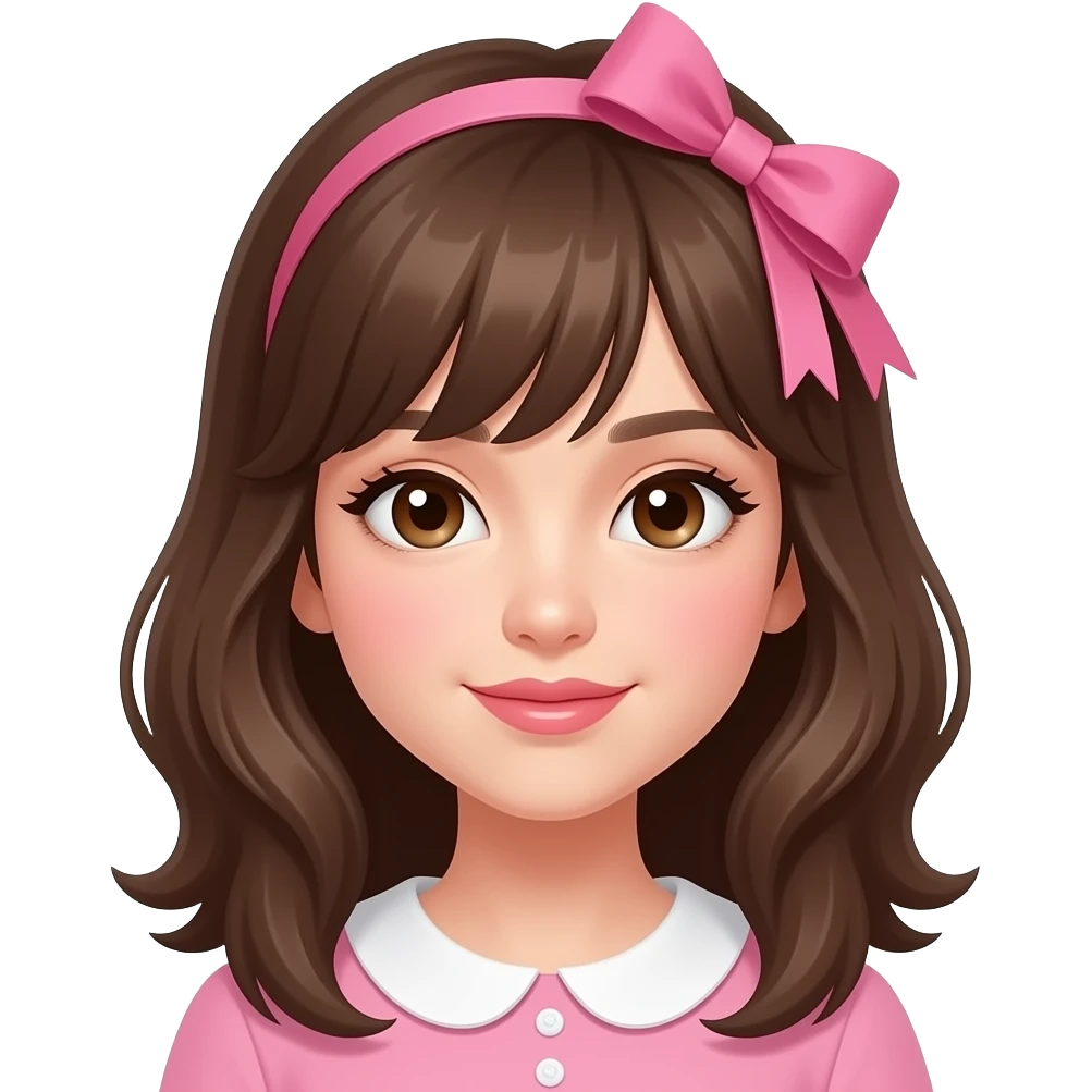 Niña de pelo castaño con lazo rosa blanca de piel ojos marrones colorete en las mejillas y glos en los labios y que arriba en rosa pongq Eimi con un lazo coquete pero que Eimi lo ponga separado de la niña y con estilo reas emoji