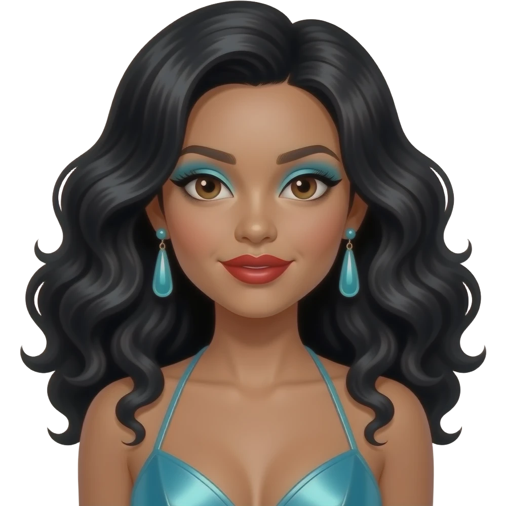 Cher with dark brown eyes, long black disco curls hair, cyan eyeshadow, red lipstick, cyan metallic halter dress, cyan earrings emoji