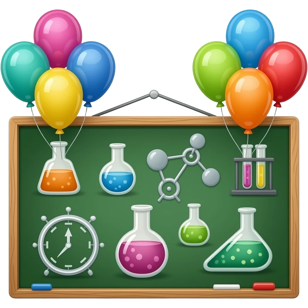 1SCIENTIST'S GREEN BOARD WITH BIOLOGY SYMBOLS AND BIRTHDAY BALLOONS emoji