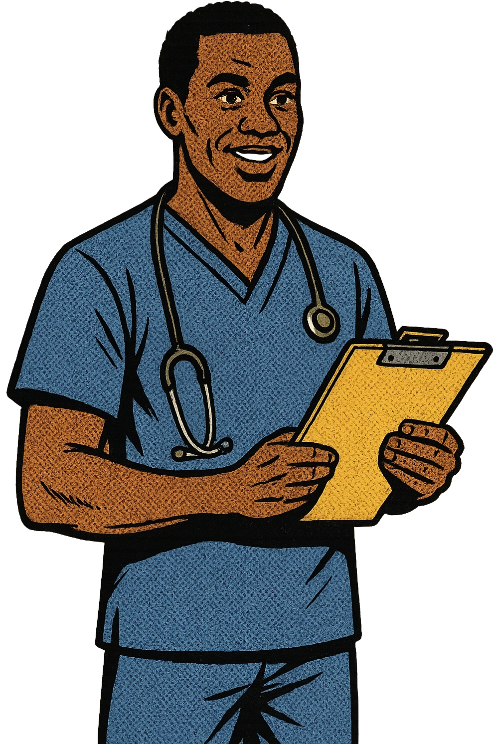 A full body image of a caring black male nurse with a stethoscope holding a note pad emoji