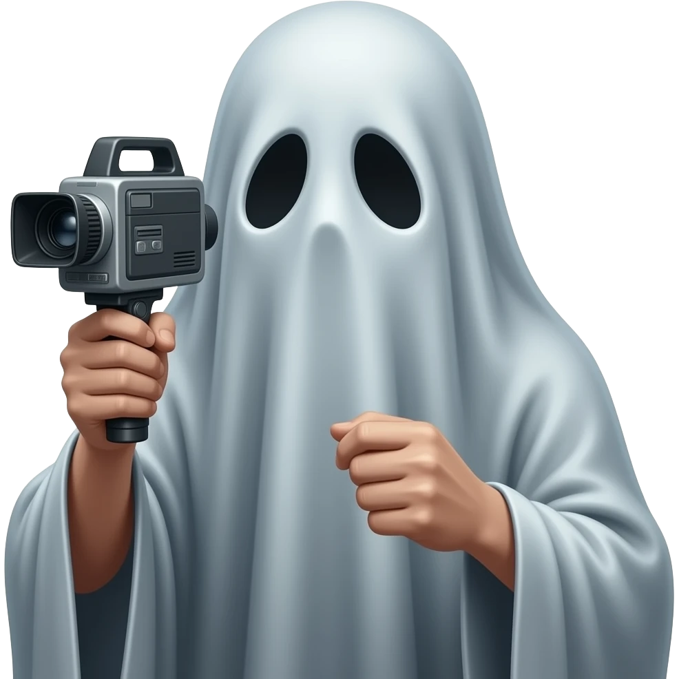 Haunting realistic ghost  recording a video. Holding the video recorder to eye hole in sheet. Facing forward. emoji