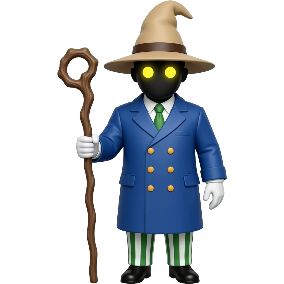 pitch-black face illuminated only by two small glowing, circular yellow eyes. He wears a tall, floppy tan wizard’s hat, a bulky blue double-breasted coat, and distinctive green-and-white striped balloon trousers. white gloves and a staff emoji