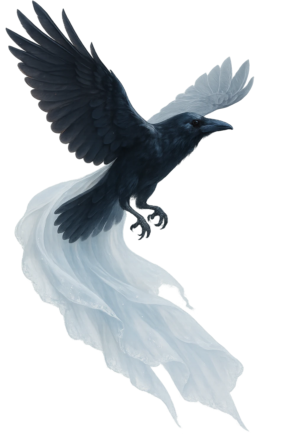 a soaring raven with a sheer white wedding veil trailing behind, magical, no background emoji