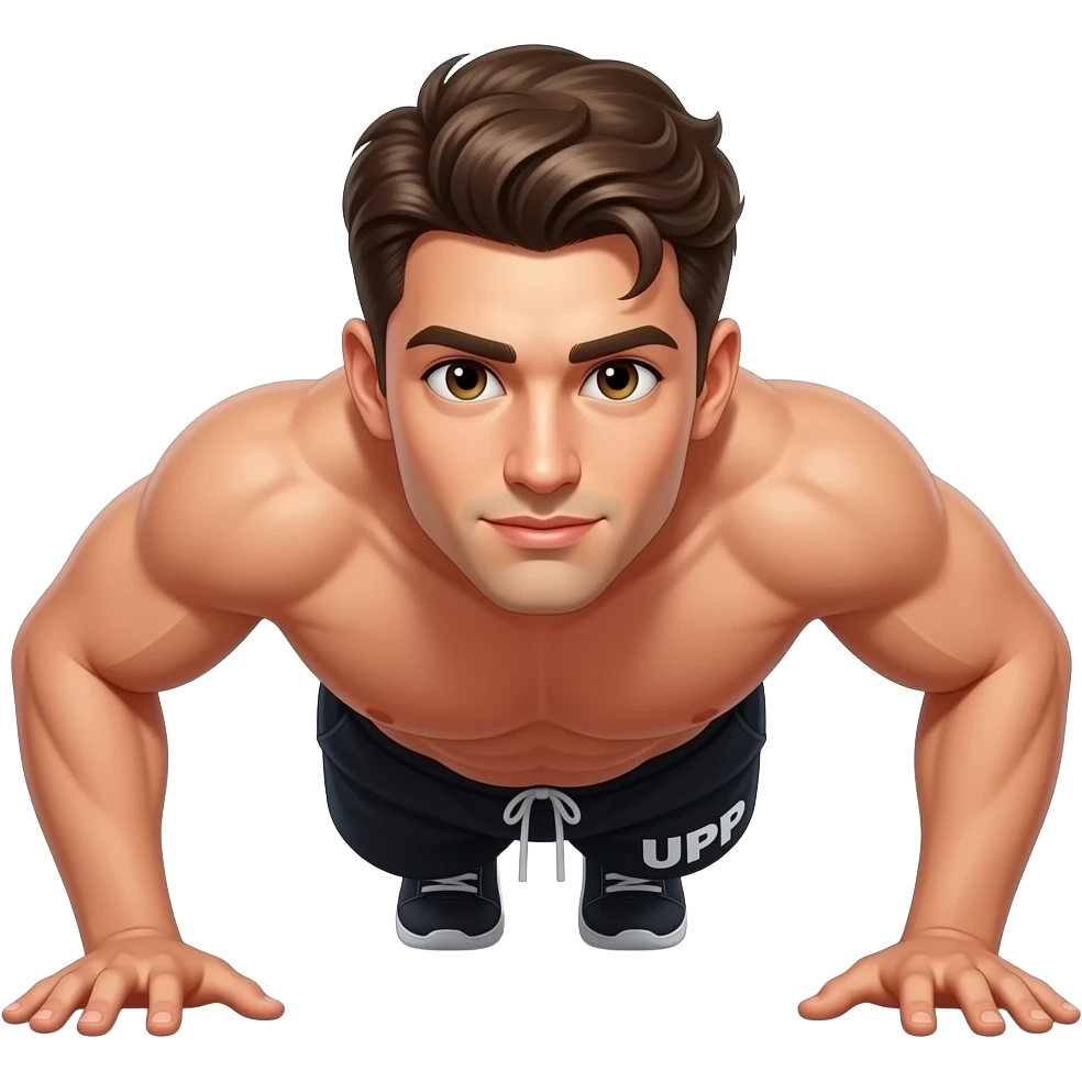 guy with brown hair with white white and black shorts that say "UPP" in white on the side in low low core position not high plank push up position make sure his  (forearms / elbows touching the ground), arms not straight. emoji