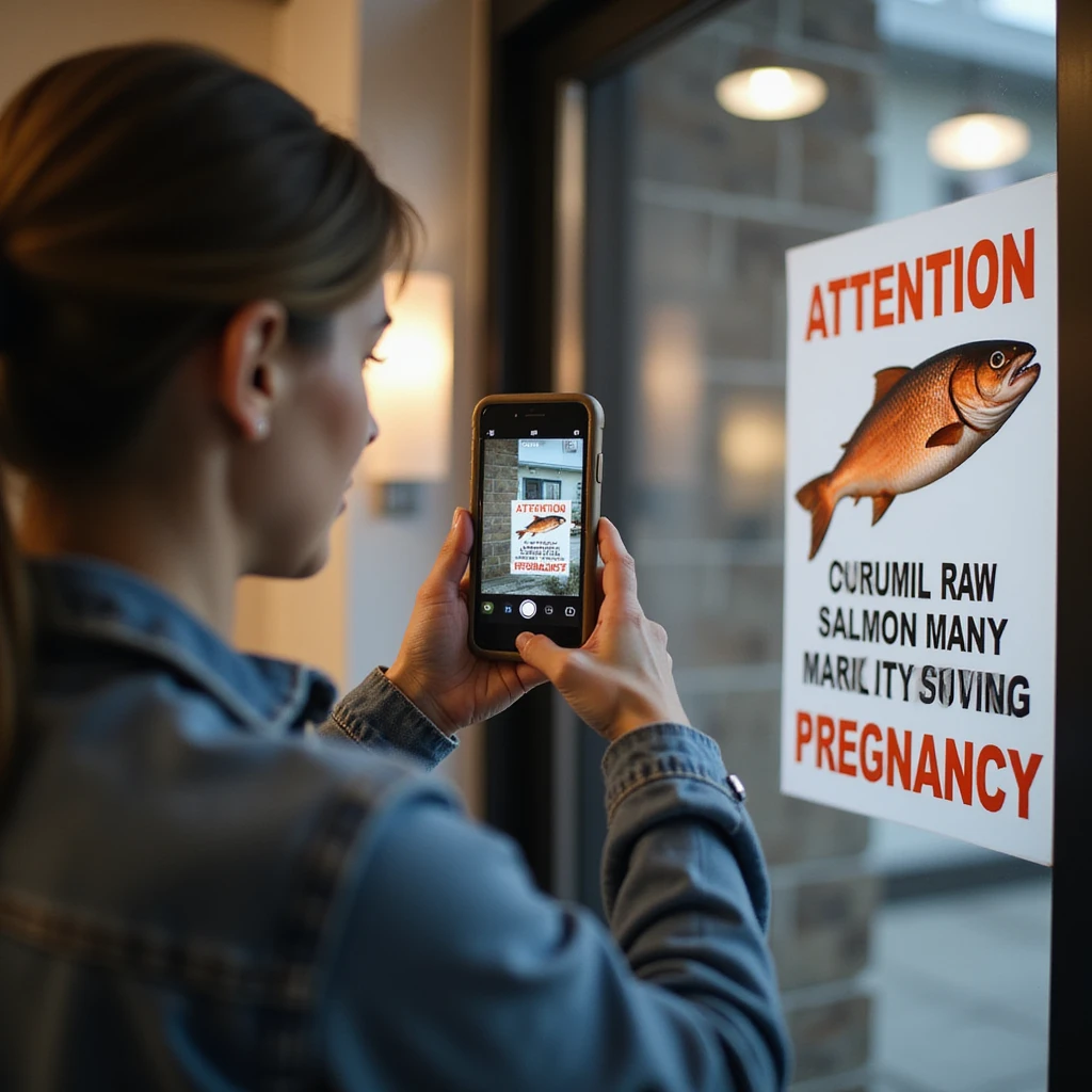realistic pregnant woman in 4K taking a photo with a cellphone of a sign that says: 'Attention, consuming raw salmon may pose risks during pregnancy' emoji