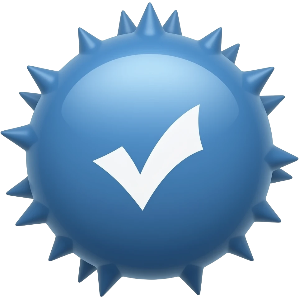 It is a small solid blue slightly curved 12 small spikes rounded seal containing a white tick. emoji