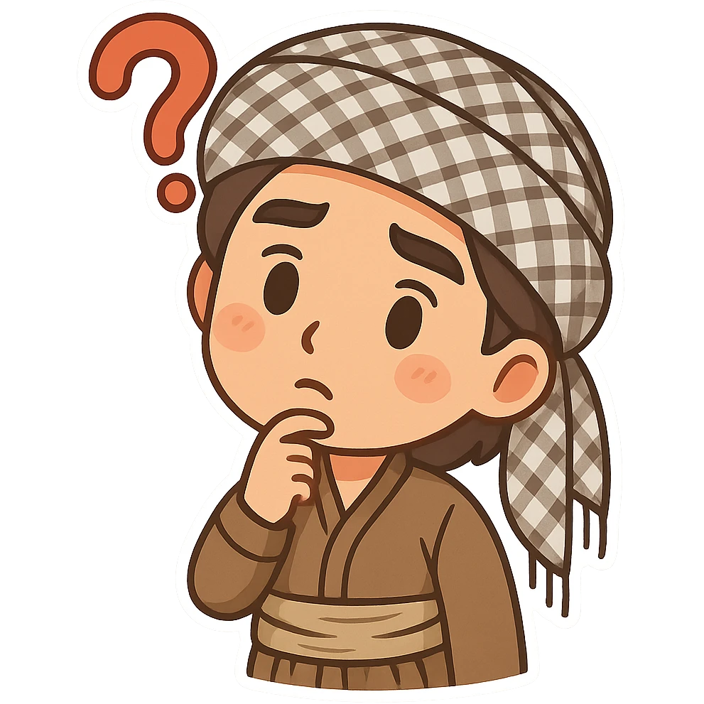 Kurdish man or woman in jamadani, cartoon style, big question mark above head, curious or puzzled expression, no text emoji