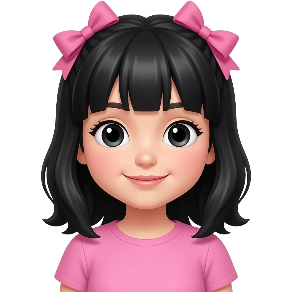 Girl with black hair till her shoulders and also black eyes and wearing two bows on her head and wearing cute pink clothes emoji
