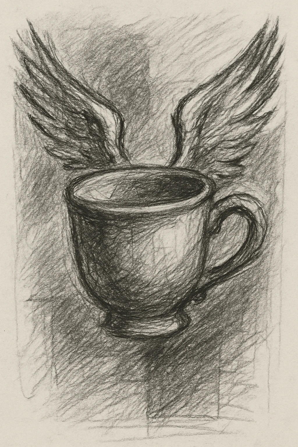 a cup with wings, pencil sketch style, with shading, on sketchbook paper emoji