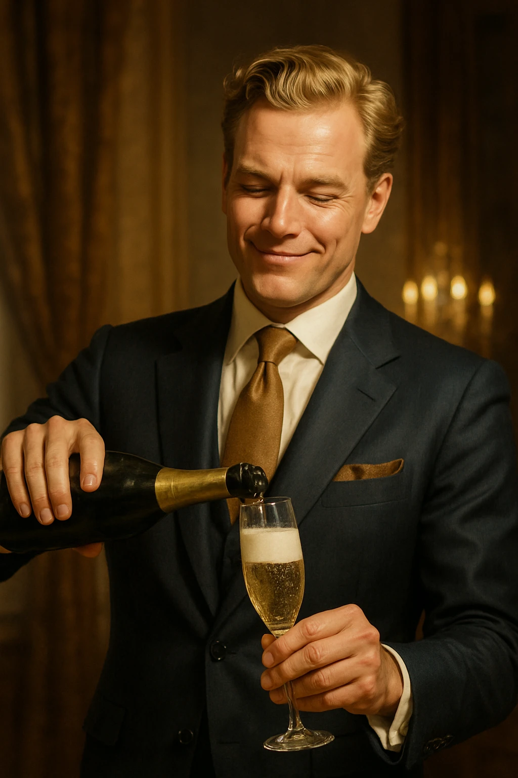 An opulent, healthy, smart white man with golden hair, dressed in an expensive suit, pouring champagne with a proud smile. emoji