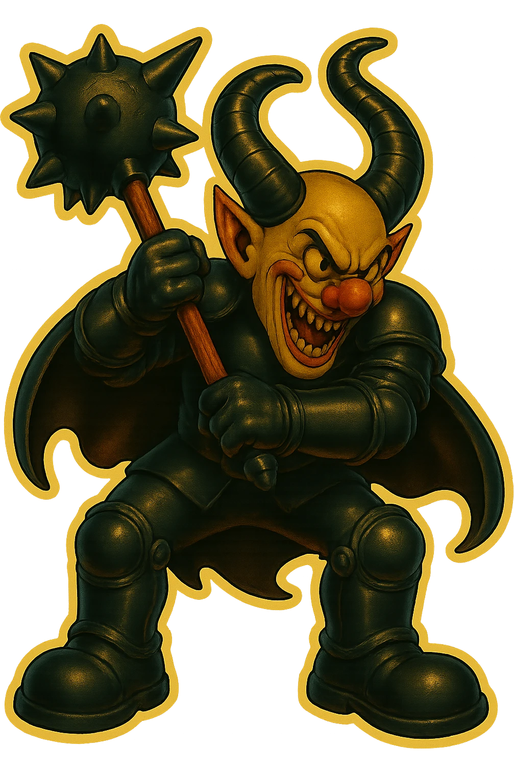 A menacing armored clown with ram horns, holding a mace with an oversized spiked head, wearing a short cape and glossy black on matte black armor, with large but not comically oversized black clown shoes, full body, vibrant retro stickers style, transparent background. emoji