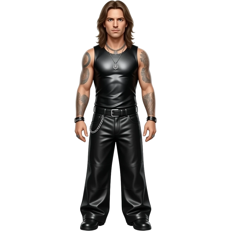 James Hetfield with black metallic sleeveless shirt, black metallic baggy wide leg pants with chain, necklace emoji