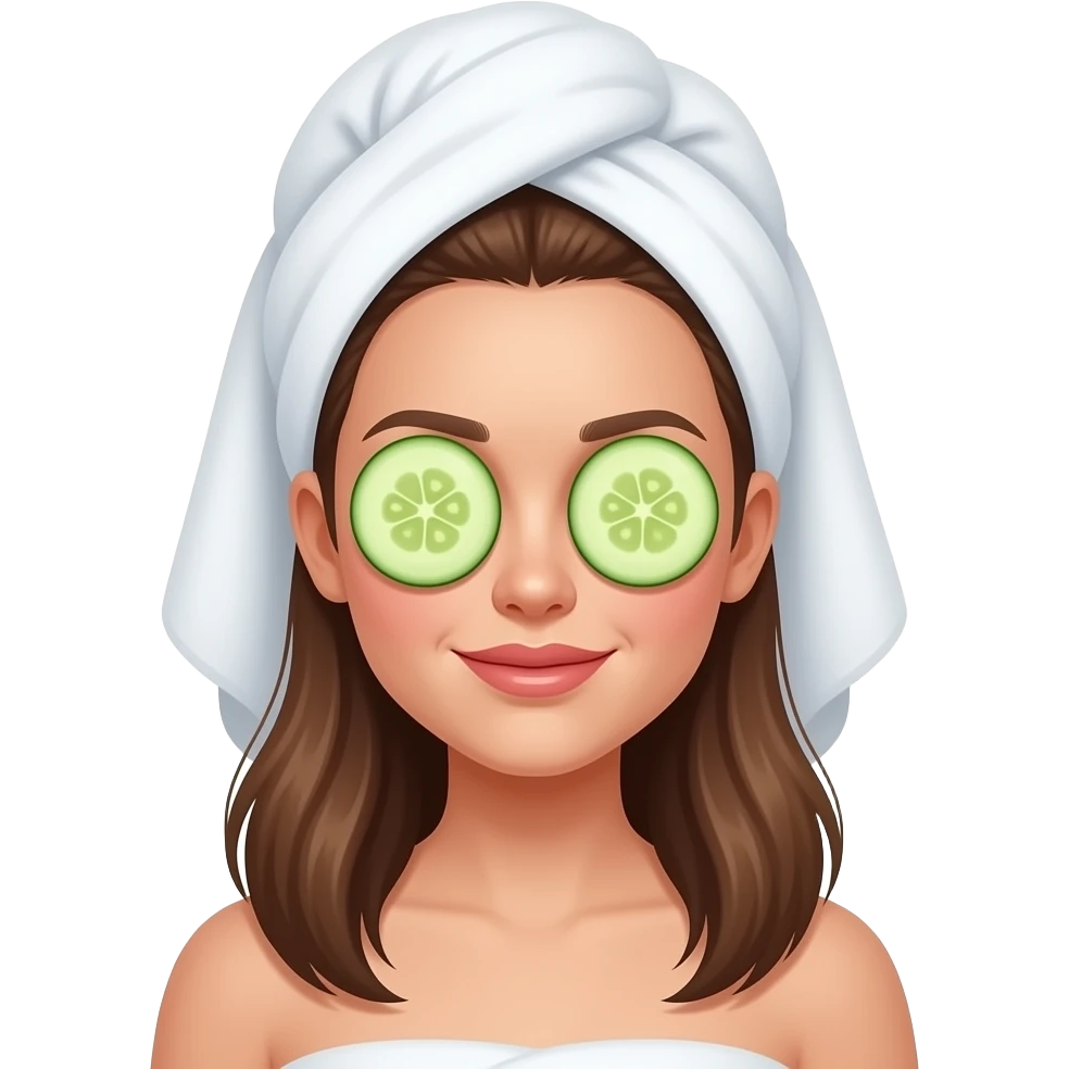 White girl with brown hair in the bath with cucumbers over her eyes and her hair in a white towel emoji