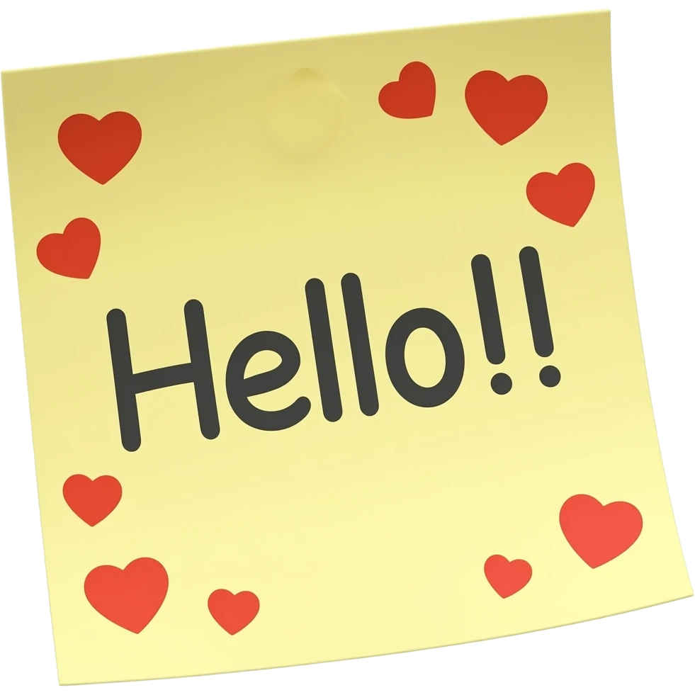 sticky note that says "Hello!!" with many tiny red heart in transparent background emoji