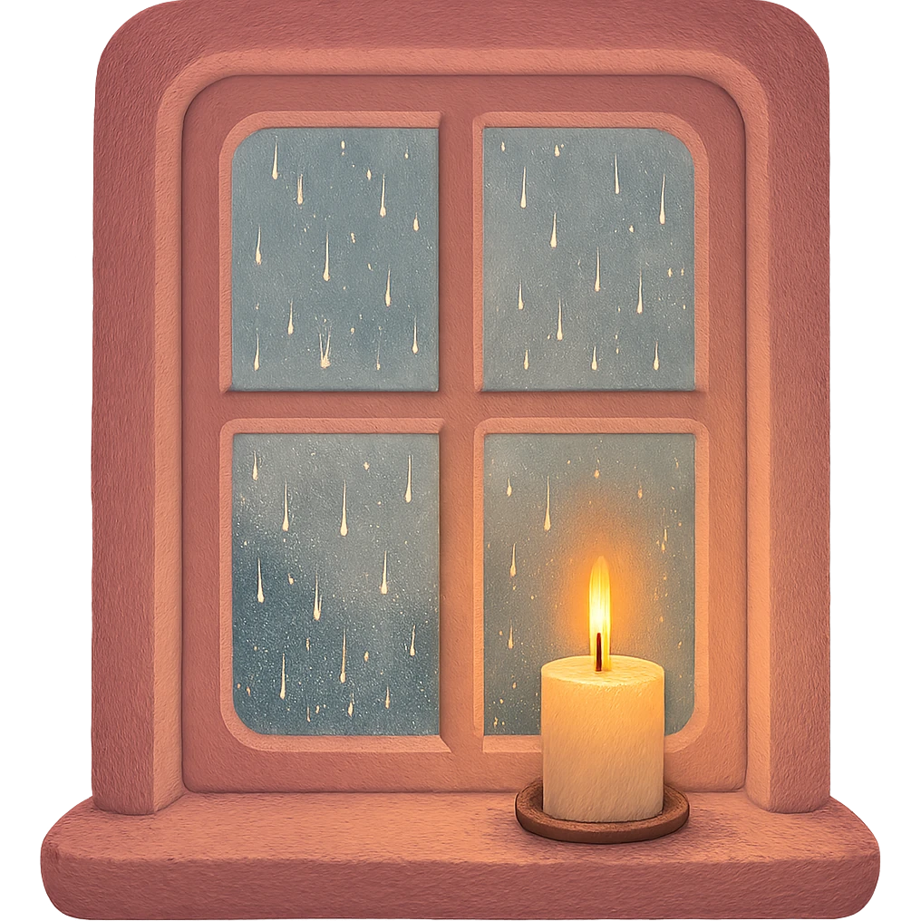 pink cozy window with rain outside and a candle on the sill, cozy mood emoji