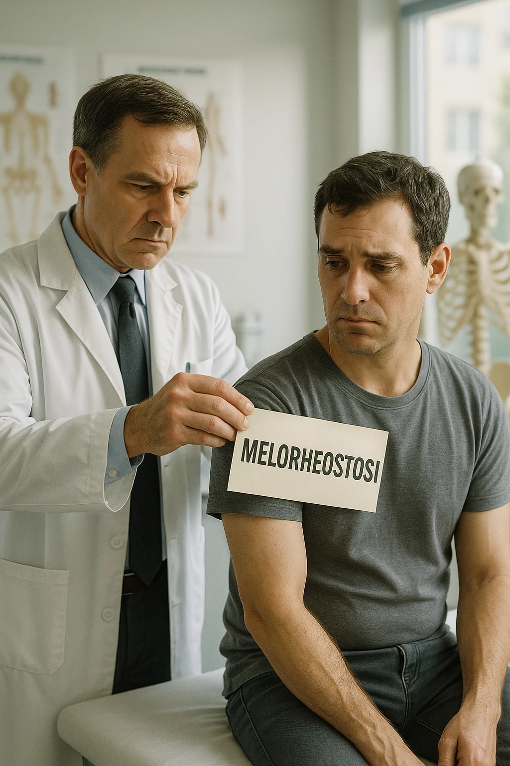 A realistic, cinematic illustration set in a bright, modern medical office. A middle-aged doctor in a white lab coat with a serious expression is shown gently placing a large paper label on the shoulder of a male patient sitting on the examination table. The label has the word 'Meloreostosi' written on it, symbolizing the act of labeling the patient with his rare bone condition. The patient looks confused and slightly disheartened, wearing a simple t-shirt with part of his arm exposed, showing subtle signs of bone thickening or deformation associated with melorheostosis. The background includes medical charts and a softly blurred skeleton model, emphasizing the medical setting. The lighting is bright but neutral, conveying a sterile, clinical atmosphere while focusing on the symbolic moment of receiving a diagnosis label. The mood is introspective and slightly heavy, illustrating the emotional weight of being defined by a rare chronic condition in italiano emoji