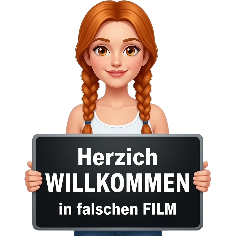 sexy girl with long ginger braids and ginger eyes wearing a white tanktop is holding a big black sign with Herzlich WILLKOMMEN im falschen FILM written on it emoji