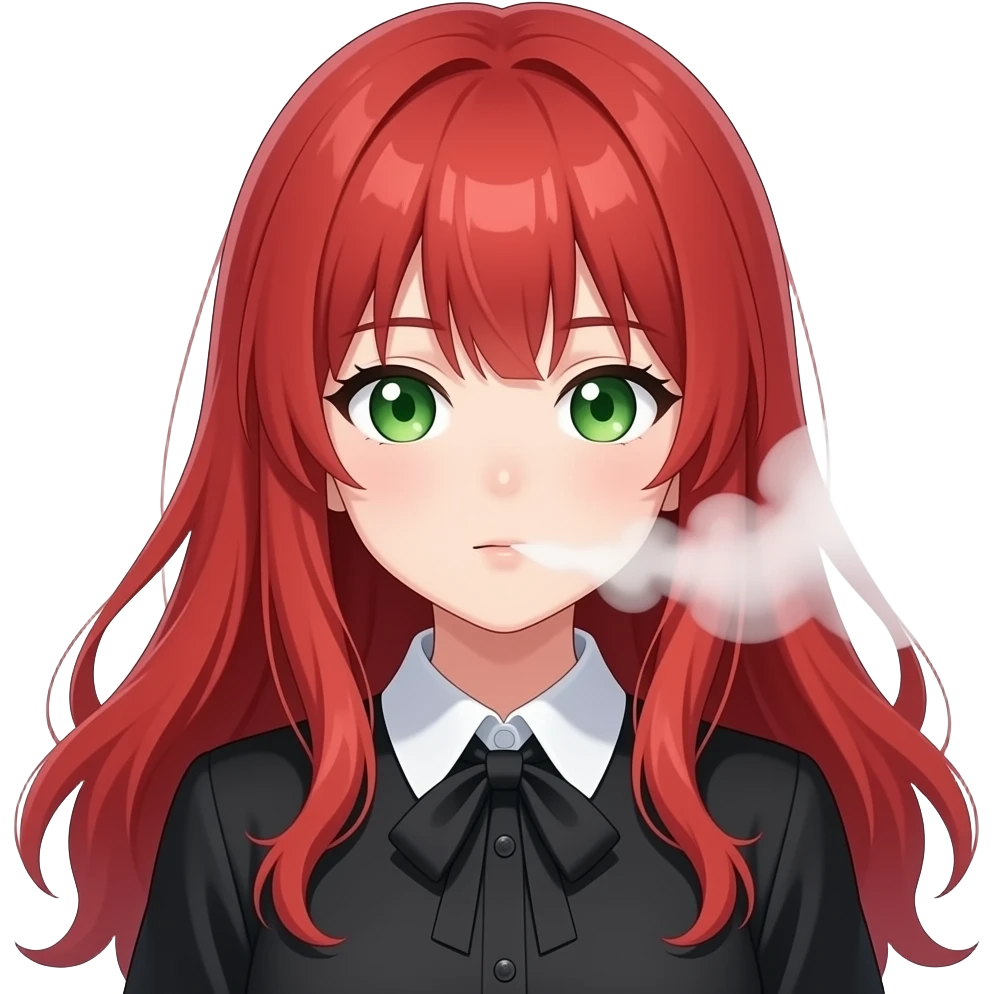 anime girl exhaling fog red hair green eyes black blouse with white collar emoji