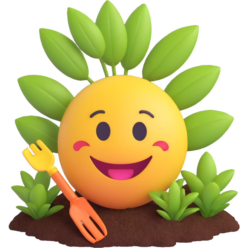 3D smiley emoji, round shape, grandmother gardening, green color, smiling face emoji