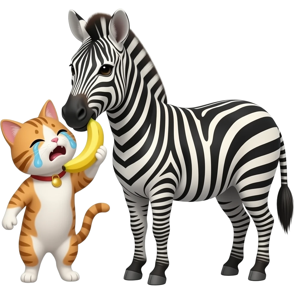 zebra is putting banana into female cat's mouth and cat is crying emoji