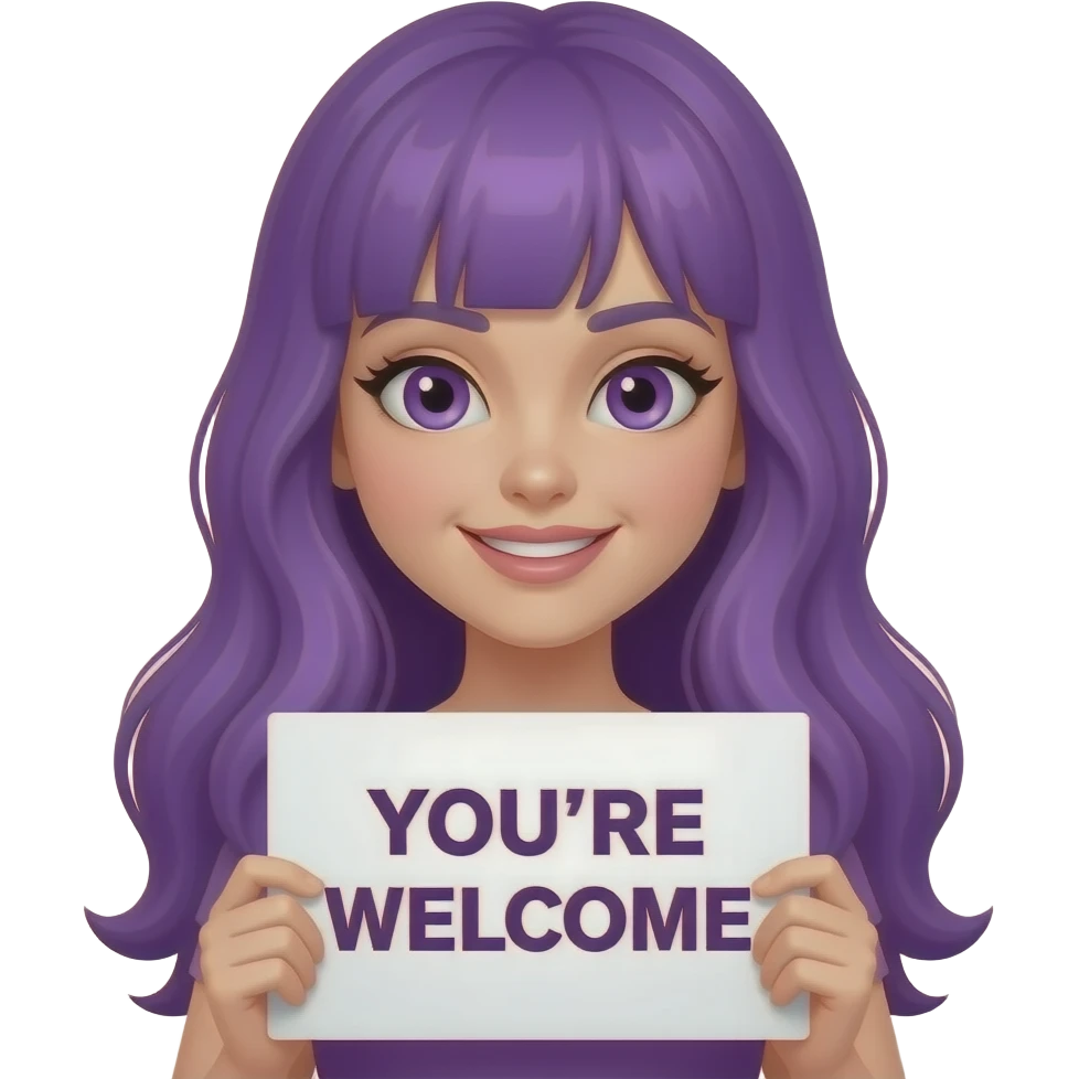 sexy girl with long purple hair and purple eyes holding a YOU'RE WELCOME sign emoji