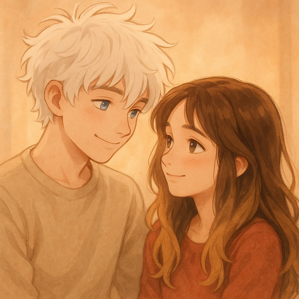 A boy with messy white hair and blue eyes looking at a girl with brunette and blonde hair and brown eyes, both showing affection and warmth. emoji