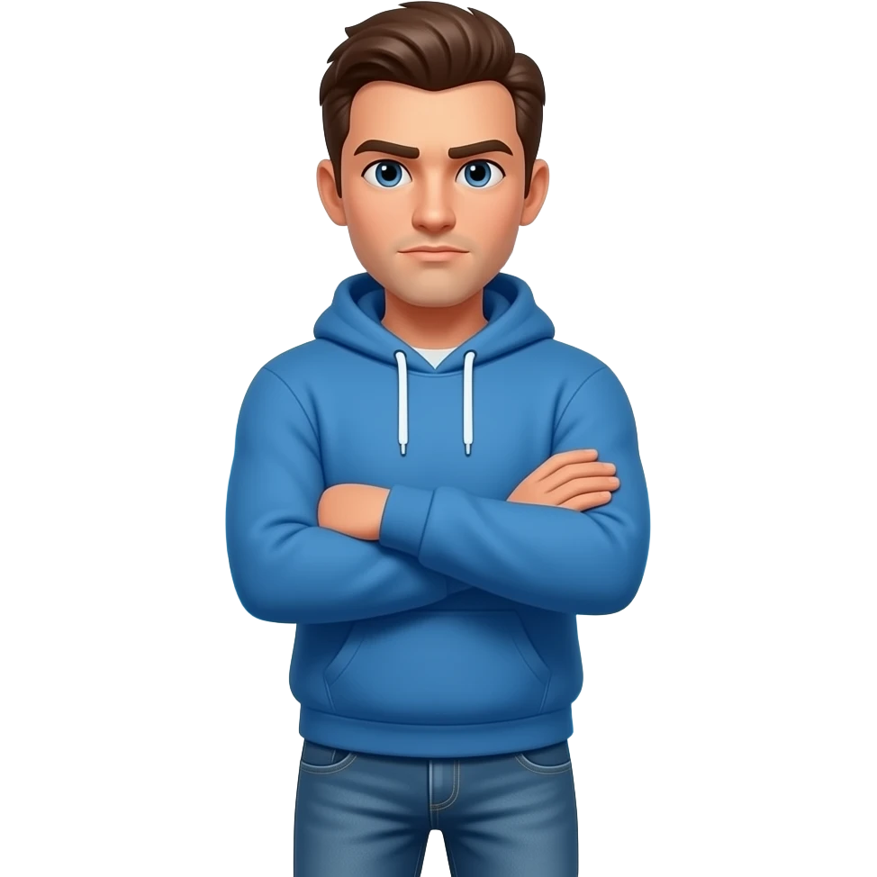 A 3D emoji-style illustration of a friendly man in casual clothes (blue hoodie and jeans), standing with arms crossed and looking directly at the viewer with a serious face. Text in side: 'ANSWER TO THEM ON TOP' white text, while the name 'Baly' is rendered in a vibrant, glowing sky blue color. emoji