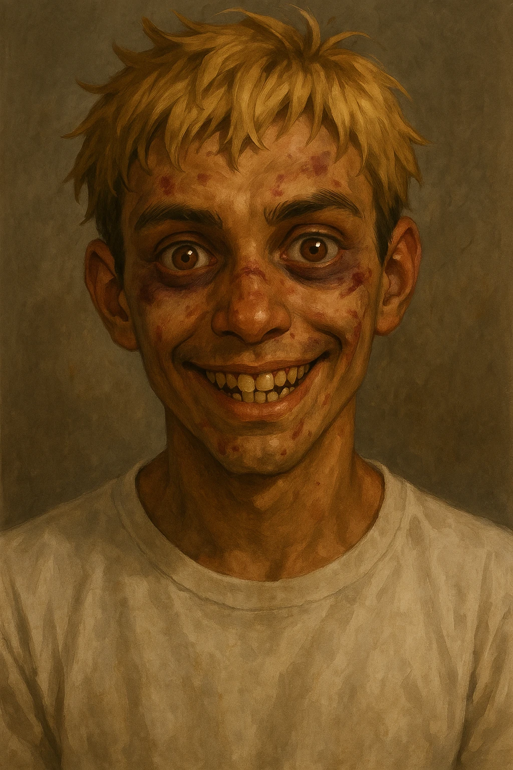 portrait of a male character with short messy blonde hair, large expressive golden-brown eyes, light brown skin, subtle facial bruises and scratches, crooked smile showing slightly damaged teeth, wearing a plain white t-shirt, friendly but creepy expression emoji